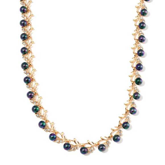 Jewelry - Peacock Color Shell Pearl and White Crystal Necklace in Goldtone